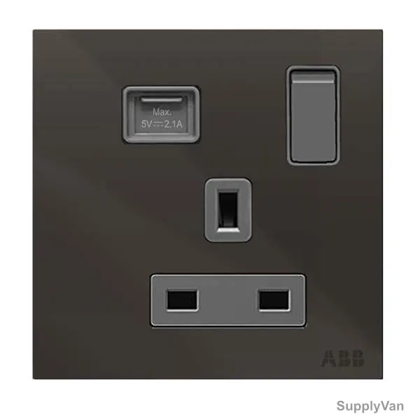 ABB Single Pole Switched Socket With USB Charger, AM23586-BG, Millenium, 1 Gang, 13A, Black Glass
