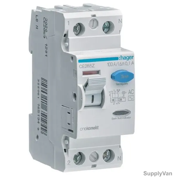 Hager Residual Current Circuit Breaker, CE285Z, Type AC, 2P, 100mA, 100A