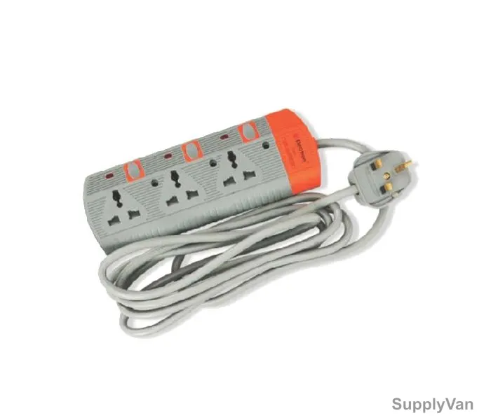 Electron Extension Socket, EL-3002, 3 Mtrs, 3 Way, Grey and Orange