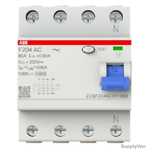 Abb Residual Current Circuit Breaker, F204-AC-80-0-03-L, Type AC, 4 Pole, 30mA, 80A