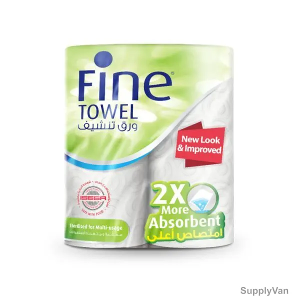 Fine Towel Tissue Roll, 2X More Absorbent, 60 Sheets x 2 Ply, White, PK2
