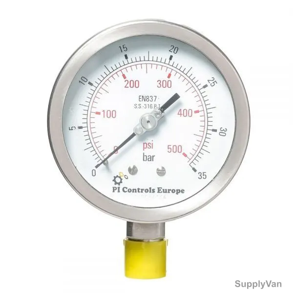PI Controls Pressure Gauge, PG-100-R35-WF-SS, 100MM, 0-35 Bar