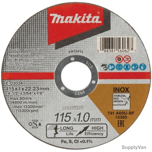 Makita Thin Cutting Wheel, E-03034, A60T, 115MM, 10 Pcs/Pack