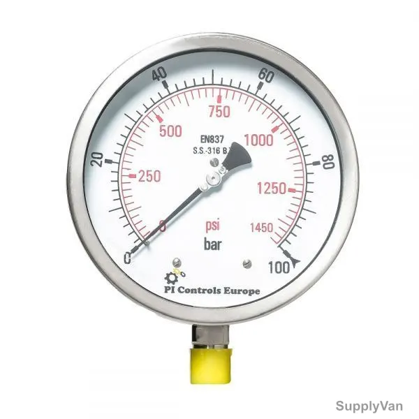 PI Controls Pressure Gauge, PG-150-R100-WF-SS, 150MM, 0-100 Bar