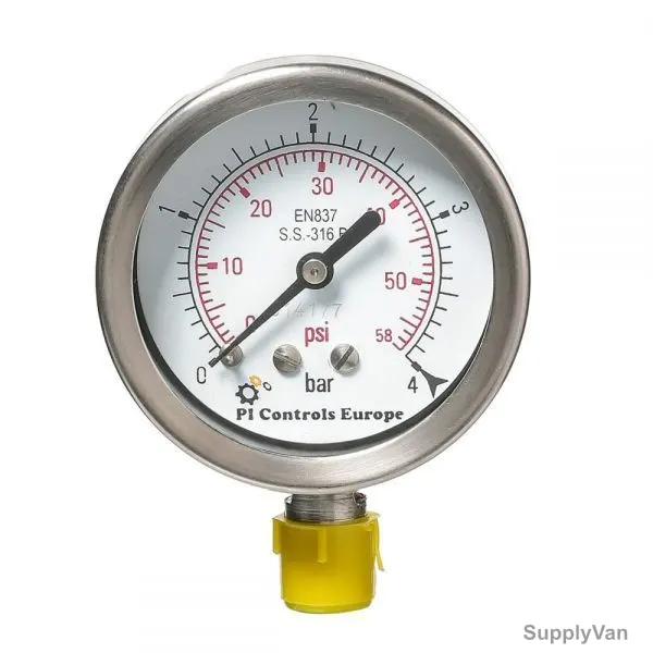PI Controls Pressure Gauge, PG-63-R4-WF-SS, 63MM, 0-4 Bar
