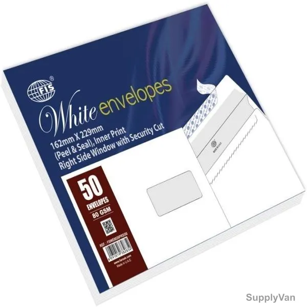 FIS Right Window Peel and Seal Envelope, FSWE8026PRSI50, 162 x 229MM, 80 GSM, White, PK50