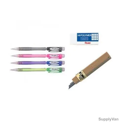 Pentel Mechanical Pencil With Lead and Eraser, PE-AX105-CMB, Fiesta, 0.5MM, Assorted Colors, 6 Pcs/Set