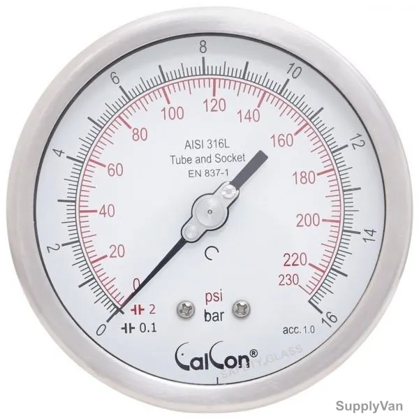 Calcon Pressure Gauge, CC18D, 100MM, 1/2 Inch, NPT, 0-16 Bar
