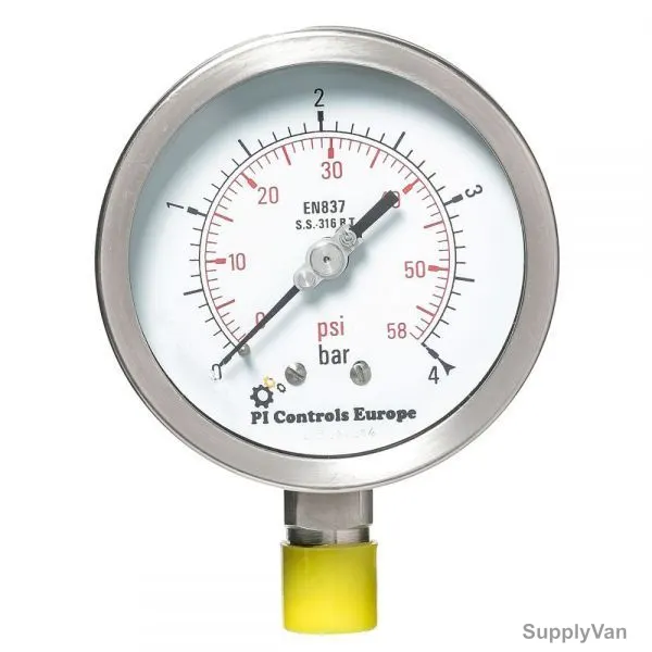 PI Controls Pressure Gauge, PG-100-R4-WF-SS, 100MM, 0-4 Bar