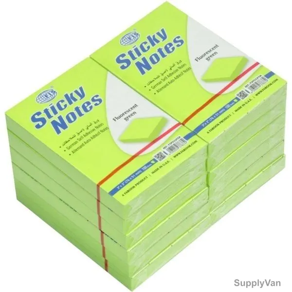 FIS Sticky Notes Set, FSPO32FGR, 100 Sheets, 3 x 2 Inch, Fluorescent Green, PK12