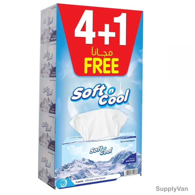 Hotpack Soft N Cool Facial Tissue, SPLSNCT2004PLUS1, 2 Ply, 200 Sheets, 4+1 Free