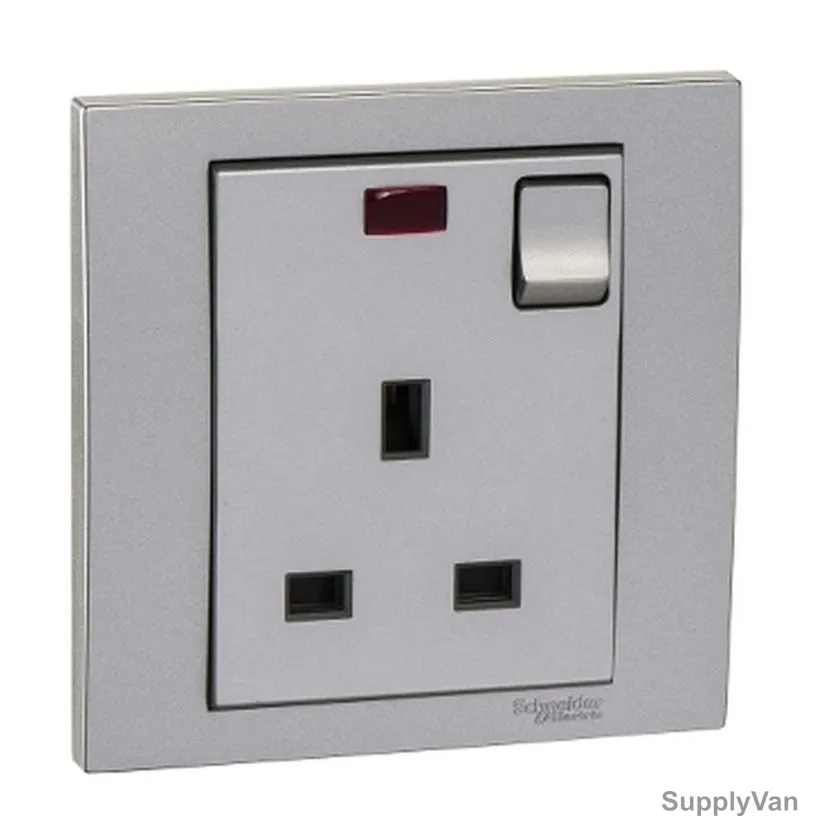 Schneider Electric Switched Socket With Neon, KB15N-AS, Vivace, 1 Gang, 2P + E, 13A, 250VAC, Aluminium Silver