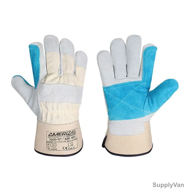 Ameriza Double Palm Rigger Gloves, 1006-NT-ASK-1001, Leather, 10.5 Inch, Blue/Natural, 12 Pairs/Pack