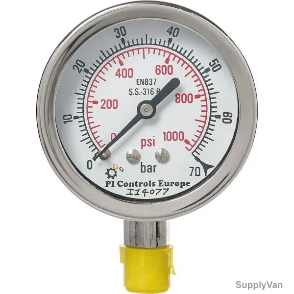PI Controls Pressure Gauge, PG-63-R70-WF-SS, 63MM, 0-70 Bar