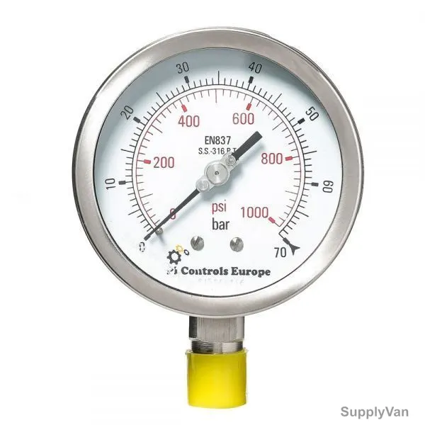 PI Controls Pressure Gauge, PG-100-R70-WF-SS, 100MM, 0-70 Bar