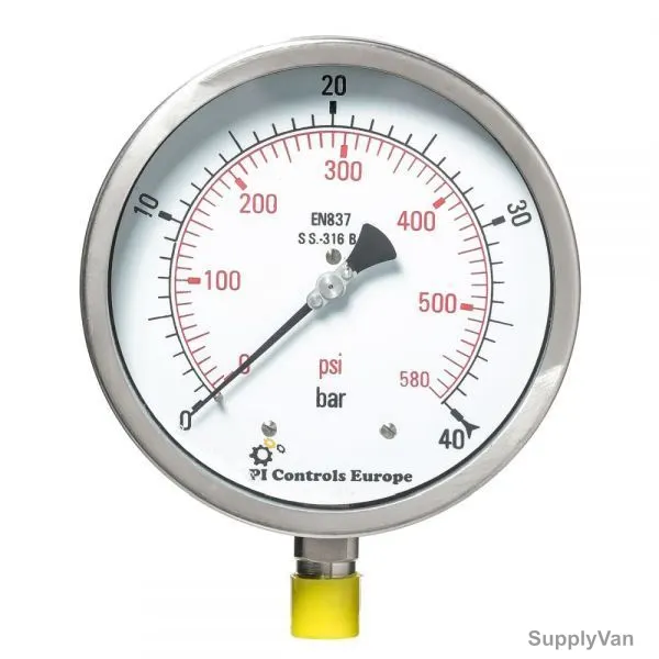 PI Controls Pressure Gauge, PG-150-R40-WF-SS, 150MM, 0-40 Bar