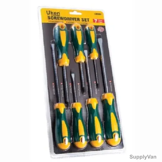 Uken Screw Driver Set, U6002, Round, Slotted, High Grip, CrV Steel