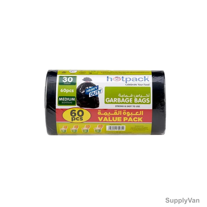 Hotpack Heavy Duty Garbage Bag, HSMGBR6595X60, Plastic, 30 Gallon, 65CM Width x 95CM Length, Black, 60 Pcs/Pack