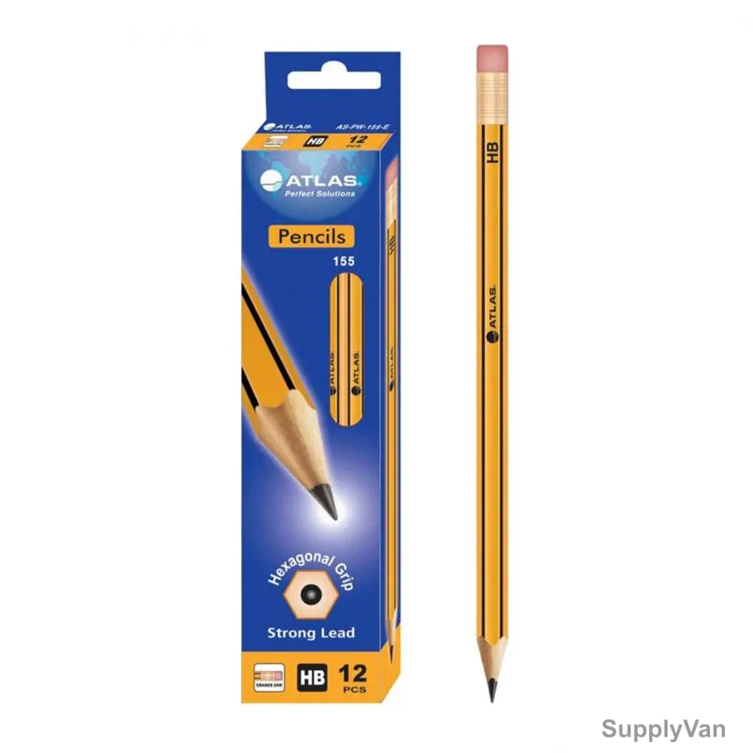 Atlas HB Pencil With Eraser, AS-PW-155-E, Yellow/Black, 12 Pcs/Pack