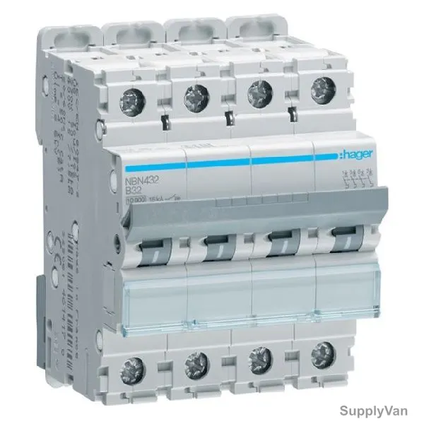 Hager Miniature Circuit Breaker, NBN432N, B Curve, 4P, 32A, 400V