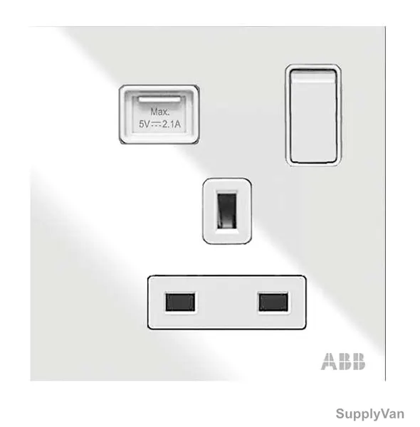 ABB Single Pole Switched Socket With USB Charger, AM23586-WG, Millenium, 1 Gang, 13A, White Glass