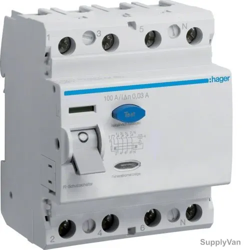 Hager Residual Current Circuit Breaker, CD485Z, 4P, 30mA, 100A