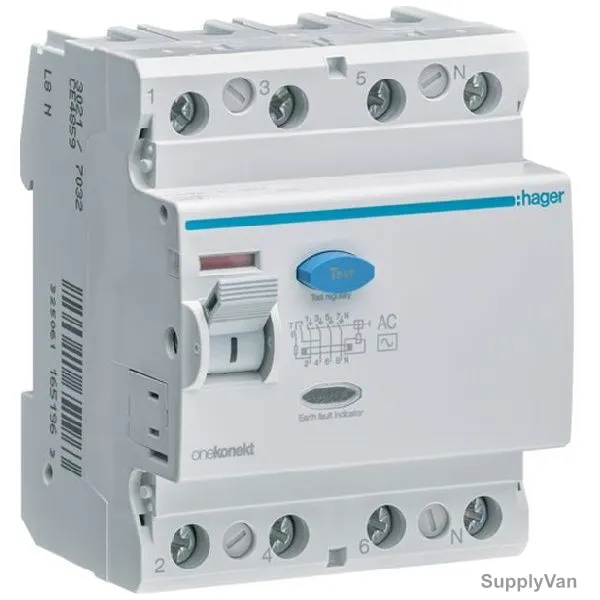 Hager Residual Current Circuit Breaker, CF485Z, Type AC, 4 Pole, 300mA, 100A