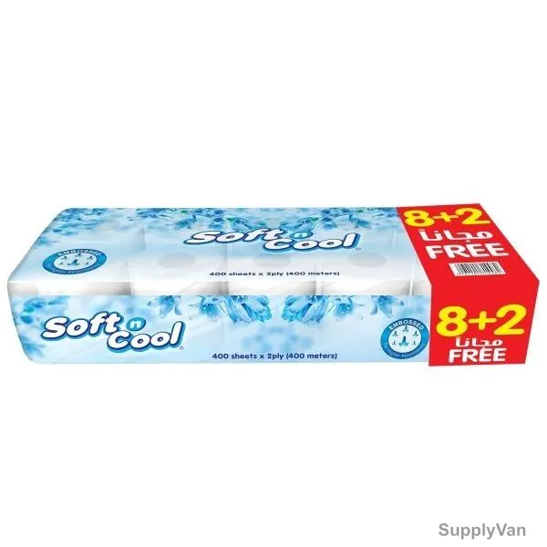 Hotpack Toilet Sheet Roll, SNCTR400OP, Soft N Cool, 2 Ply, 400 Sheets, White, 8+2 Free