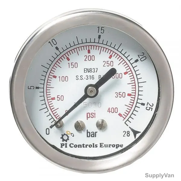 PI Controls Pressure Gauge, PG-63-R28-WF-SS-BK-E, 63MM, 0-28 Bar
