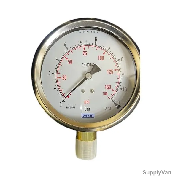 Wika Liquid Filled Bourdon Tube Pressure Gauge, 213-53-100, 0 to 11 Bar, 1/2 Inch NPT