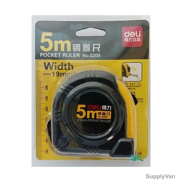 Deli Measuring Tape, 8208, Steel, 19MM Width x 5 Mtrs Length, Black/Yellow