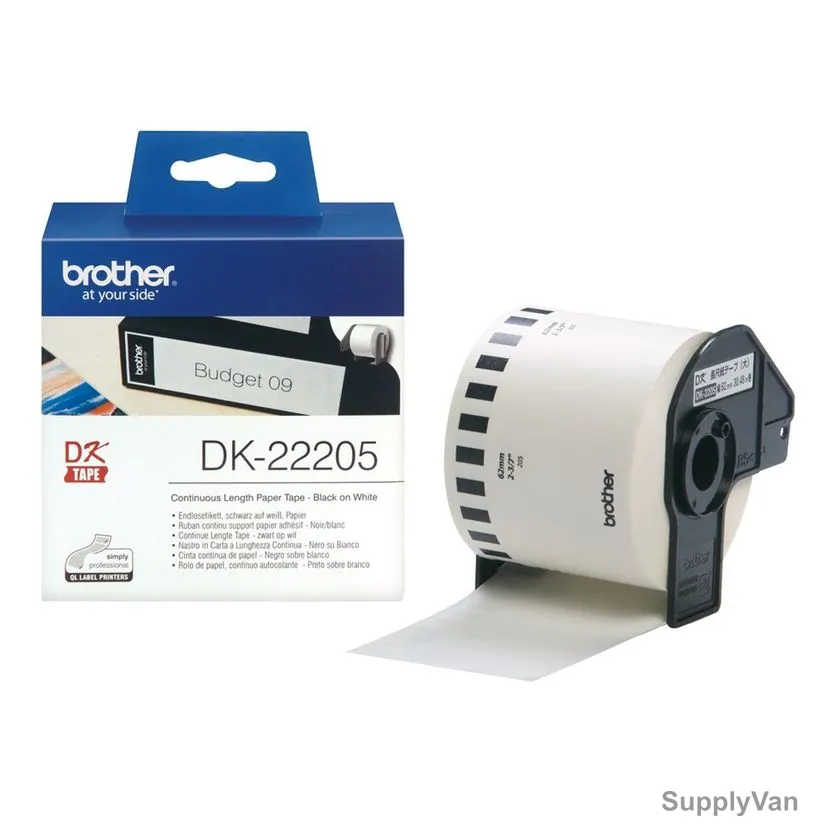 Brother Continuous Paper Label Roll, DK22205, 62MM x 30.48 Mtrs, Black On White — image 1