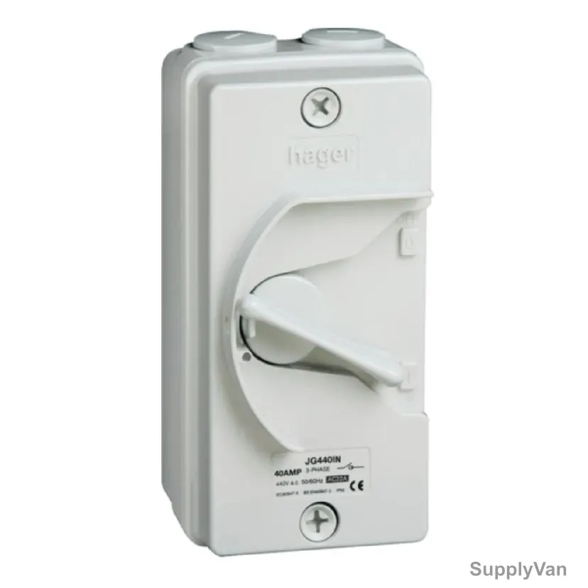 Hager Enclosed Weatherproof Isolator, JG340IN, 3P, IP66, 40A
