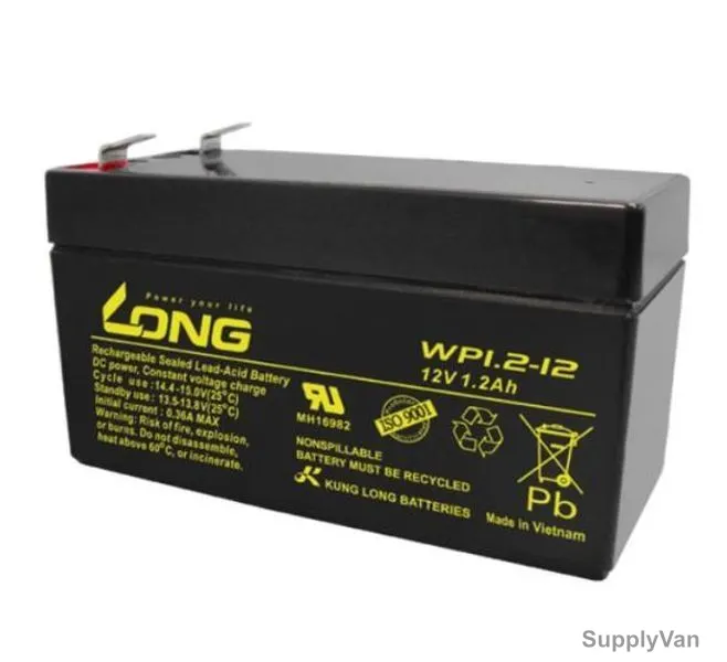 Long Rechargeable Sealed Lead Acid Battery, WP1-2-12, 12V, 1.2Ah