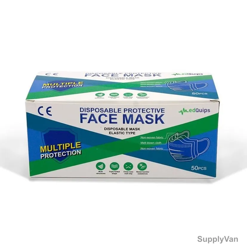 Medquips Disposable Face Mask, Woven Fabric, Light Blue, 3 Ply, 50 Pcs/Pack