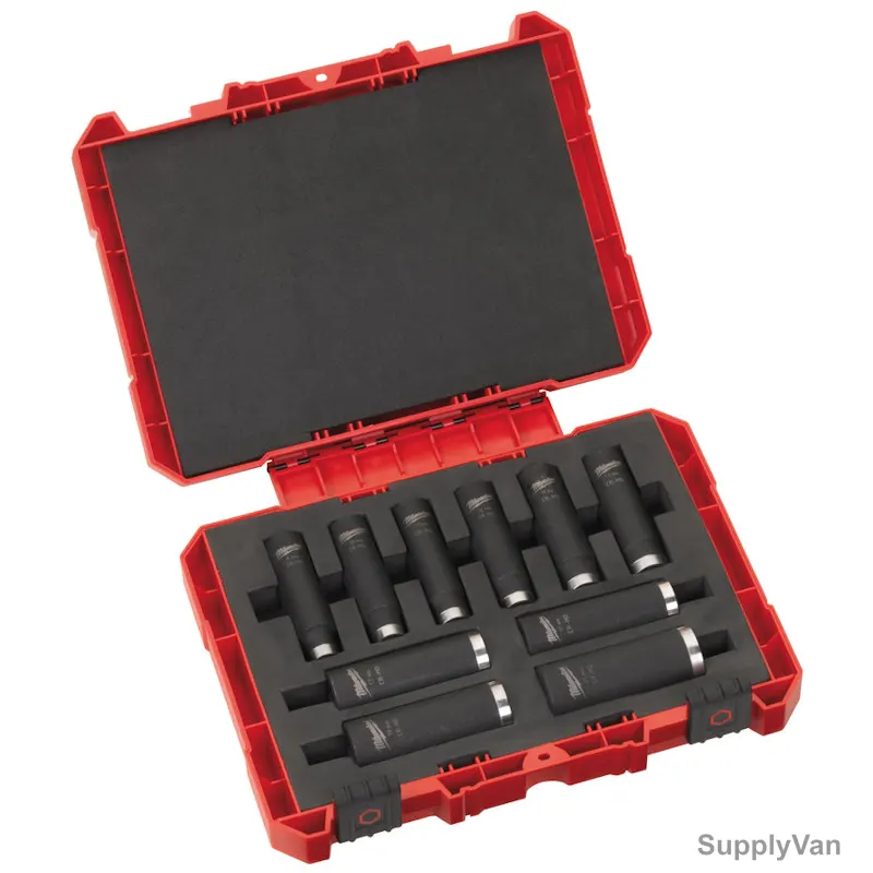 Milwaukee Impact Deep Duty Socket Set, 4932352861, Shockwave, 1/2 Inch, 10 Pcs/Set