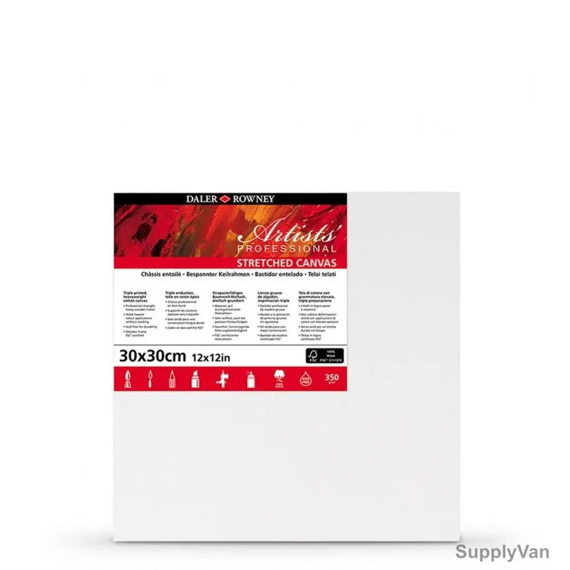 Daler Rowney Premium Stretched Canvas, 512183030, 350 GSM, Square, 30 x 30CM, White