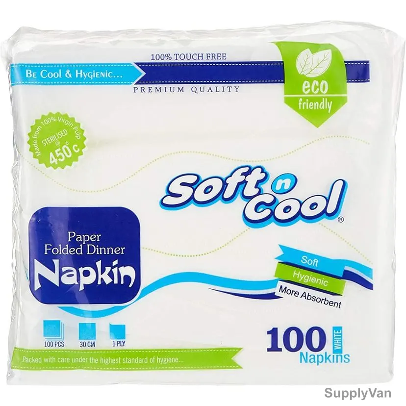 Soft n Cool Paper Folded Dinner Napkin, SNCN3030, 30CM Length x 30CM Width, White, 100 Sheets/Pack