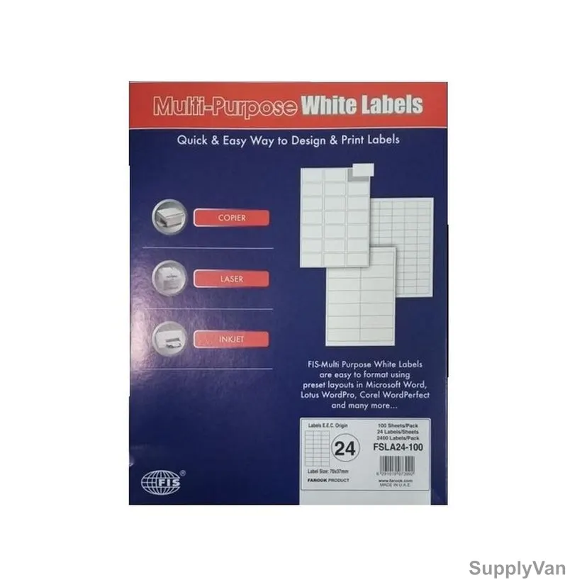 Fis Multi-Purpose Label Stickers, FSLA24-100, 37MM Width x 70MM Length, White, 100 Sheets/Pack