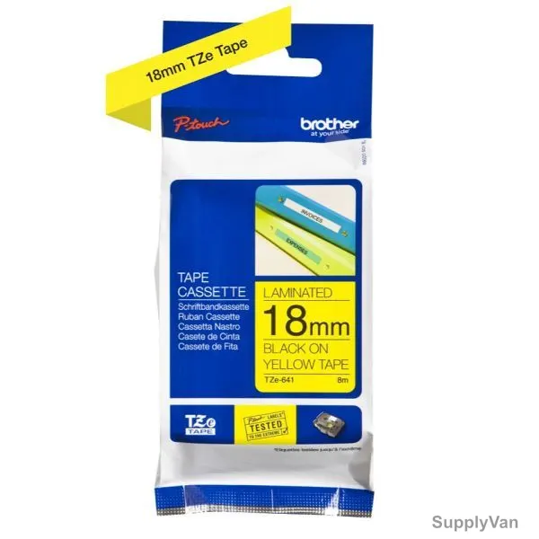 Brother Laminated Labelling Tape Cassette, TZe-641, 18MM Width x 8 Mtrs Length, Black On Yellow