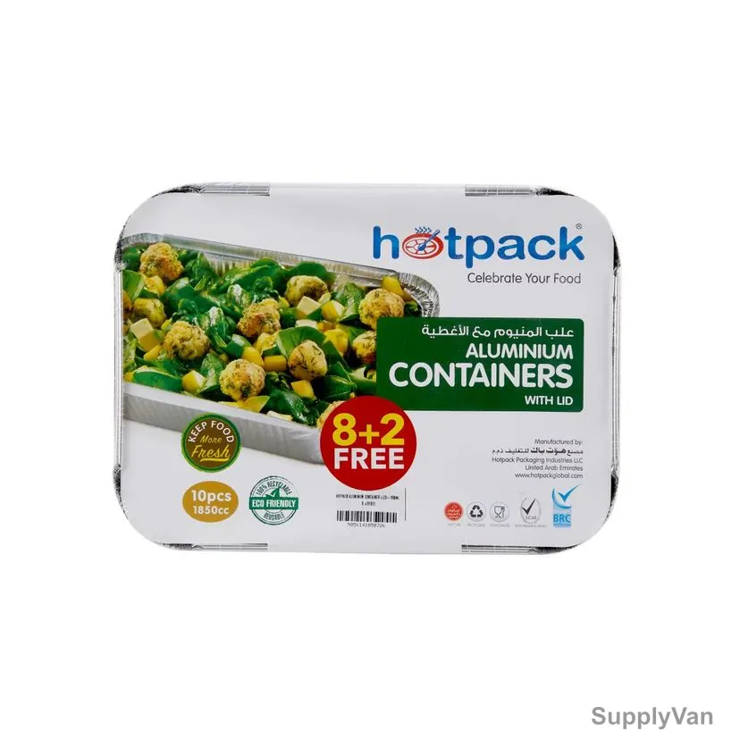 Hotpack Disposable Aluminium Food Container With Lid, PP83185TP10, 1850CC, Silver, 8+2 Free — image 1