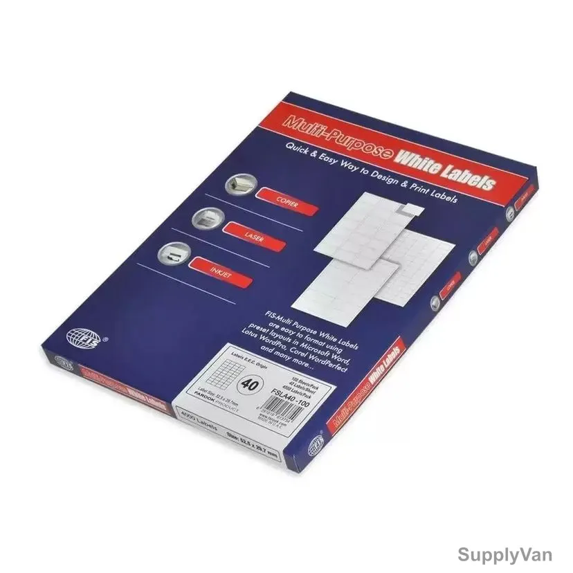 Fis Multi-Purpose Label Sticker, FSLA40-100, Paper, A4, 29.7MM Width x 52.5MM Length, White, 100 Pcs/Pack