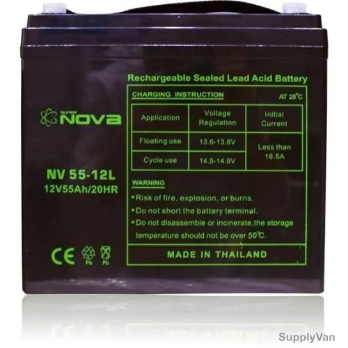 Nova Rechargeable Sealed Lead Acid Battery, NV55-12L, 12V, 55Ah/20Hrs