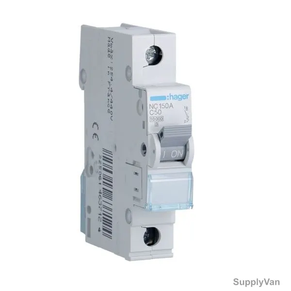 Hager Miniature Circuit Breaker, NC150A, 1P, Curve C, 10 kA, 50A