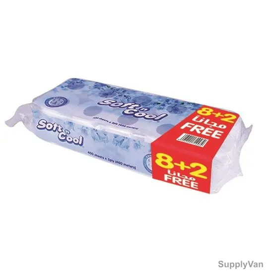Hotpack Soft N Cool Toilet Sheet Roll, SNCTR400OP, 2 Ply, 400 Sheets, 8+2 Free — image 1