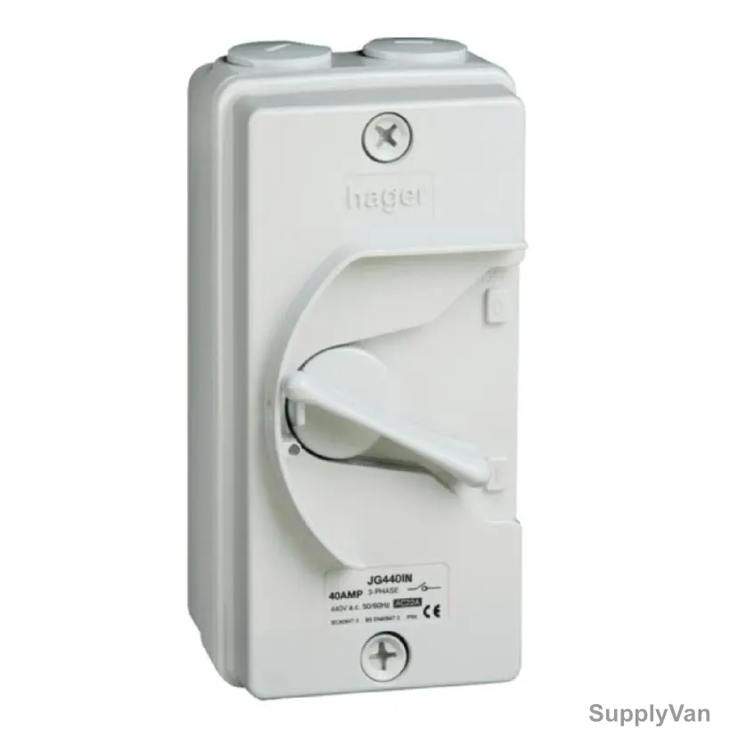 Hager Enclosed Weatherproof Isolator, JG320IN, 3P, IP66, 20A