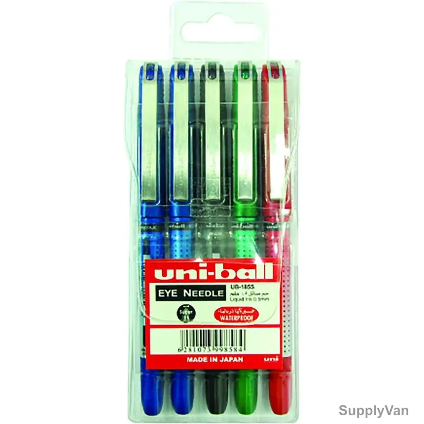 Uni-Ball Ball Point Pen, UB185S-05C, Eye Needle, 0.5MM Tip, Assorted Colors, 5 Pcs/Set