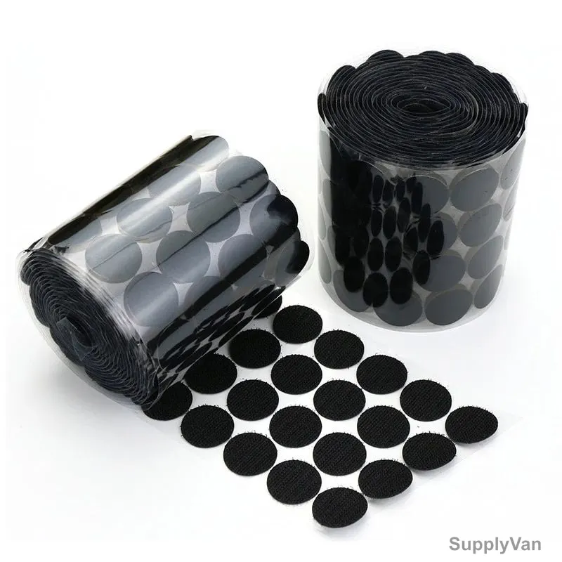 Self Adhesive Velcro Coin, Polyester/Nylon, 25MM Dia, Black, 100 Pcs/Pack