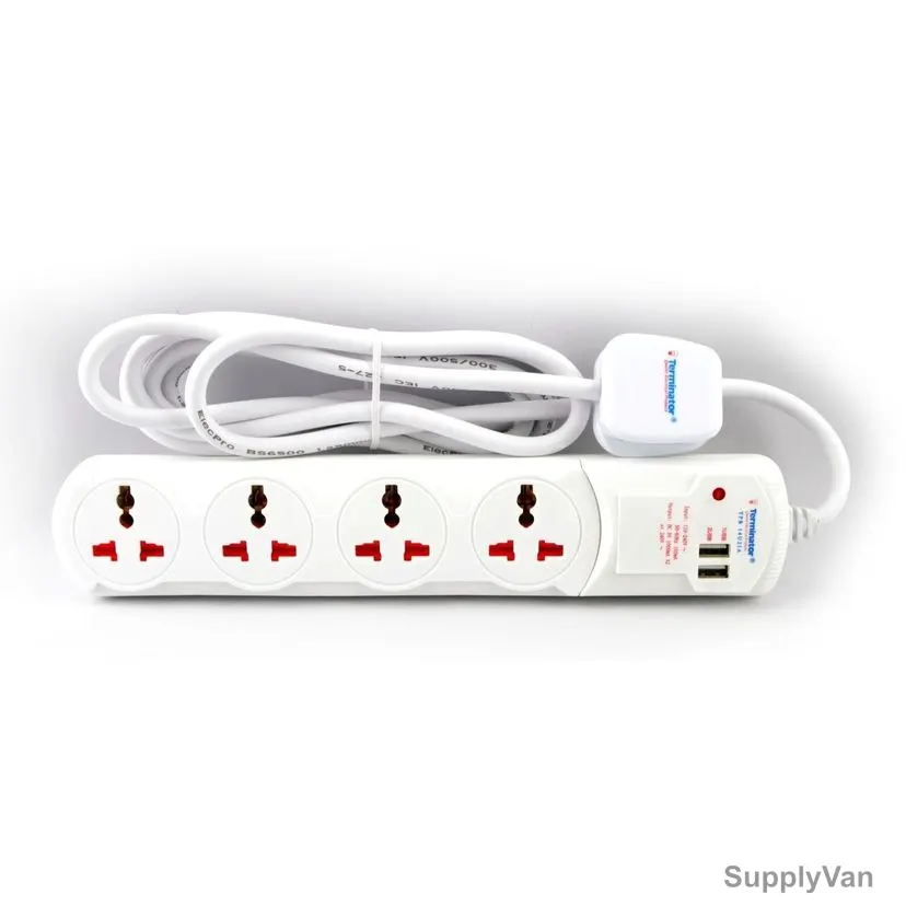 Terminator 4 Way Universal Power Extension Socket, TPB 14U2IA, 3 Mtrs, 13A, White