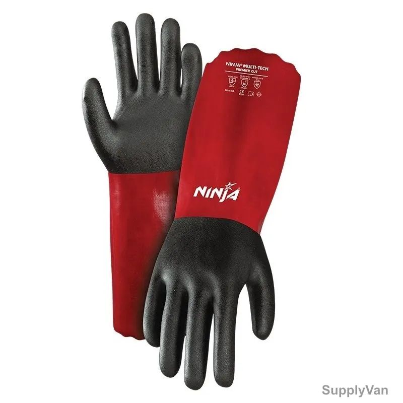 Ninja Cut Resistant Gloves, Multitech Premier Cut, Nylon, XL, Black/Red